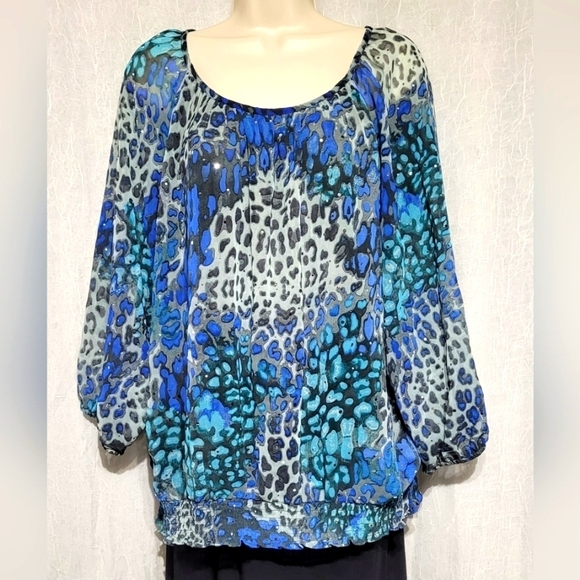Cathy Daniels Leopard Print Womens Top with Silver Specs (1X) - Picture 2 of 9